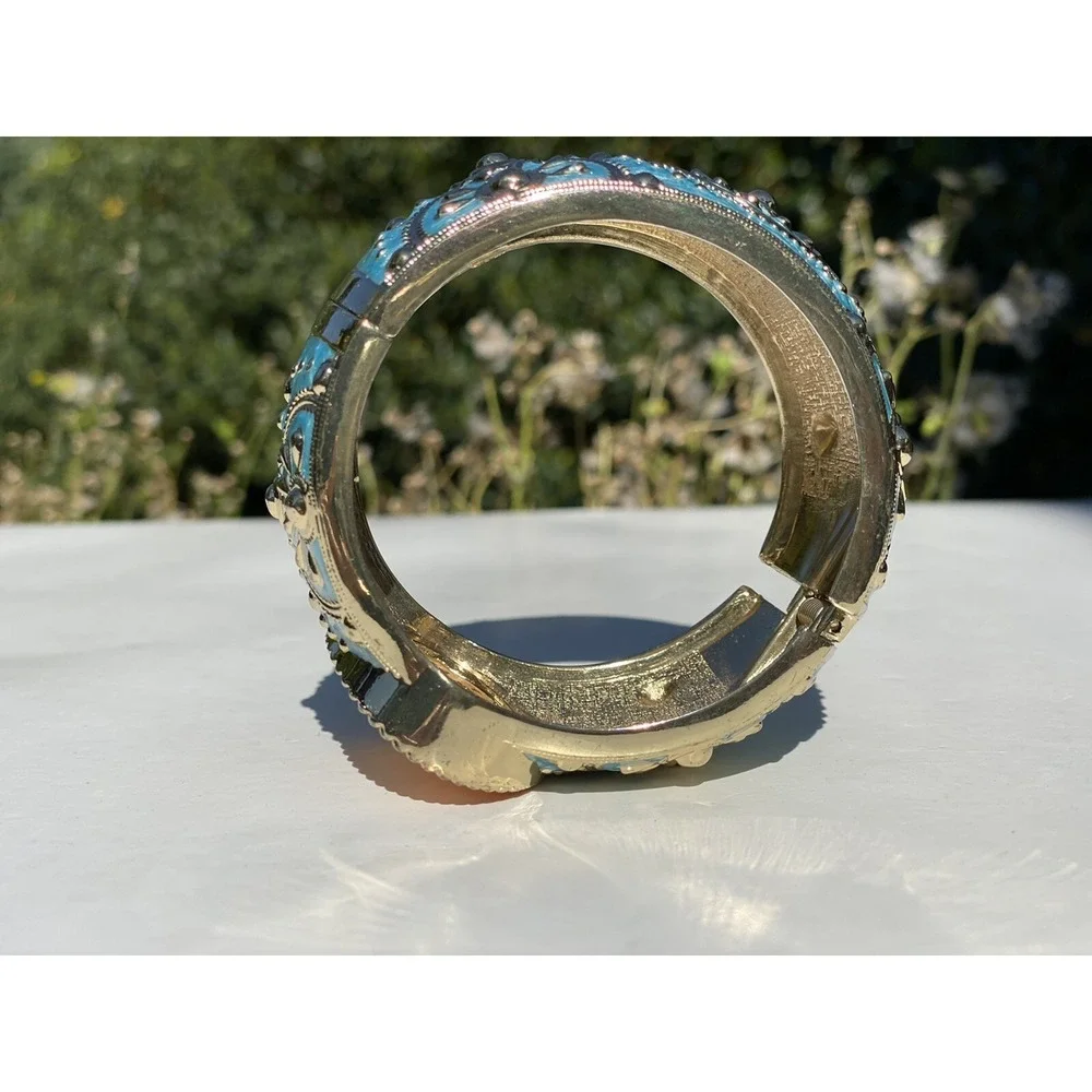 Amedeo NYC HSN 14K Gold Plated Shell Cameo Blue Enamel Bangle Bracelet~ Good Con